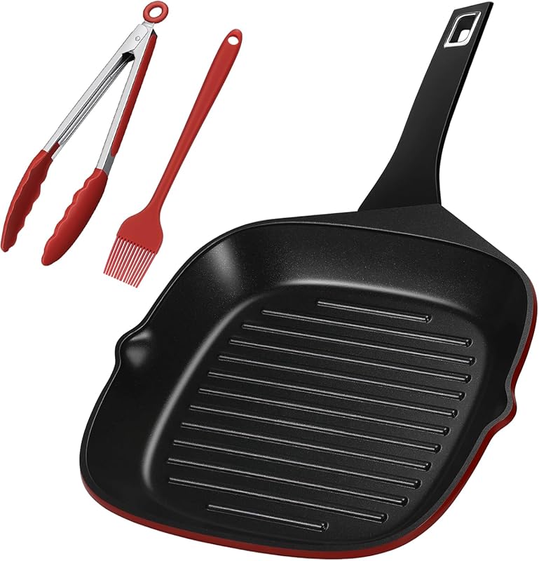 11” Square Nonstick Grill Pan with Granite Coating, Pour Spouts, PTFE 