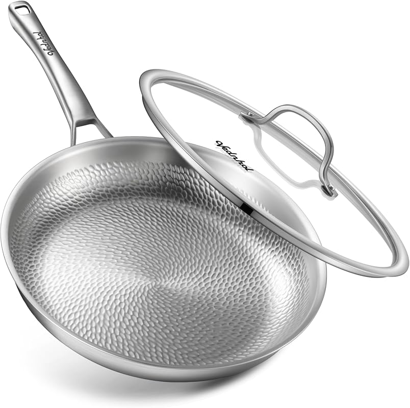 12 Inch Pure Titanium Hammered Frying Pan with Lid, Non-Toxic, Dishwas