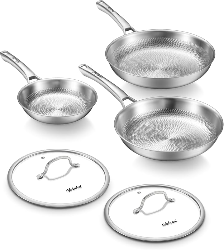 Pure Titanium Pans Set 8,10,12 Inch Hammered with Two Lids, Non-Toxic,
