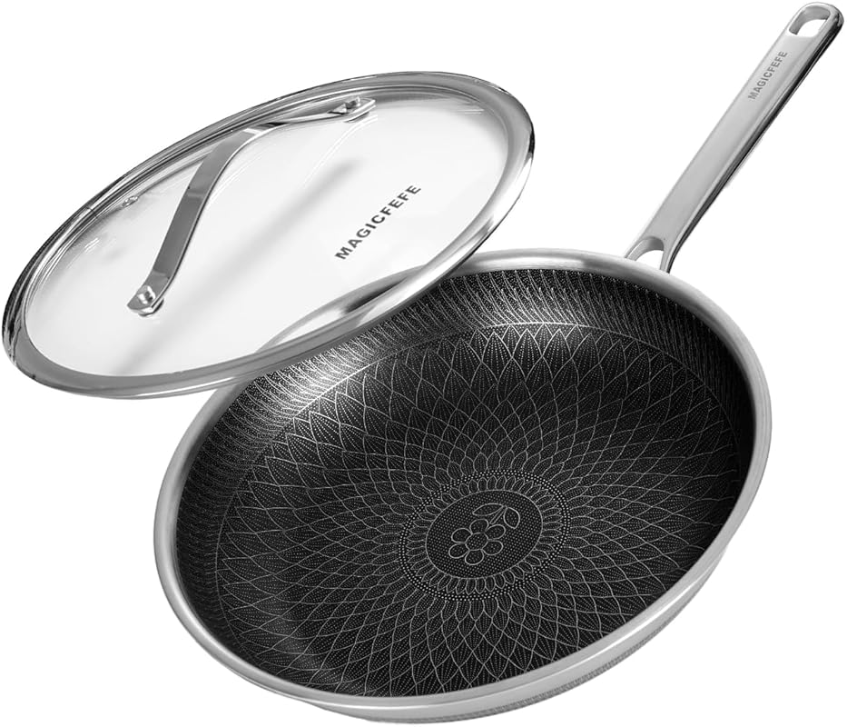 12 Inch Hybrid Nonstick Stainless Steel Frying Pan with Lid, PFOA Free