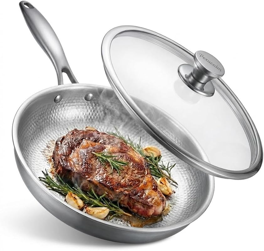 12 Inch Uncoated Hammered Titanium Frying Pan with Lid, Scratch Resist