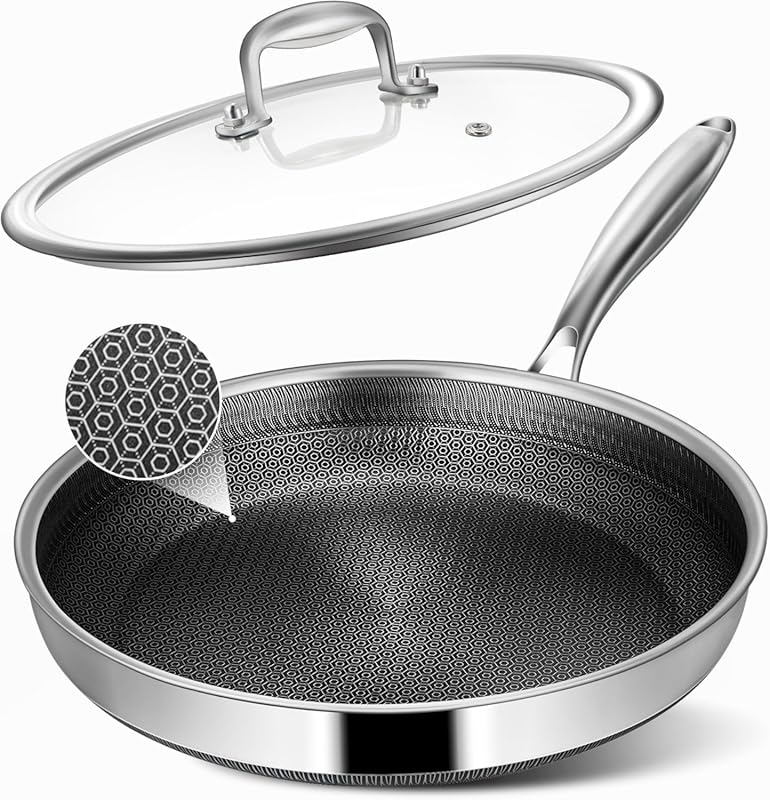 12-Inch Non Stick Frying Pan with Lid, Hybrid Stainless Steel Skillet,