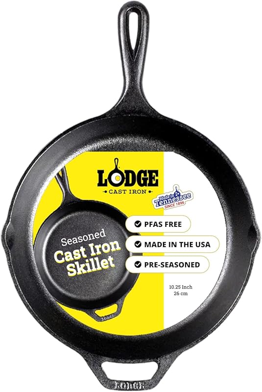 Lodge 10.25 Inch Seasoned Cast Iron Skillet, PFAS-Free, Non-Toxic, Ove