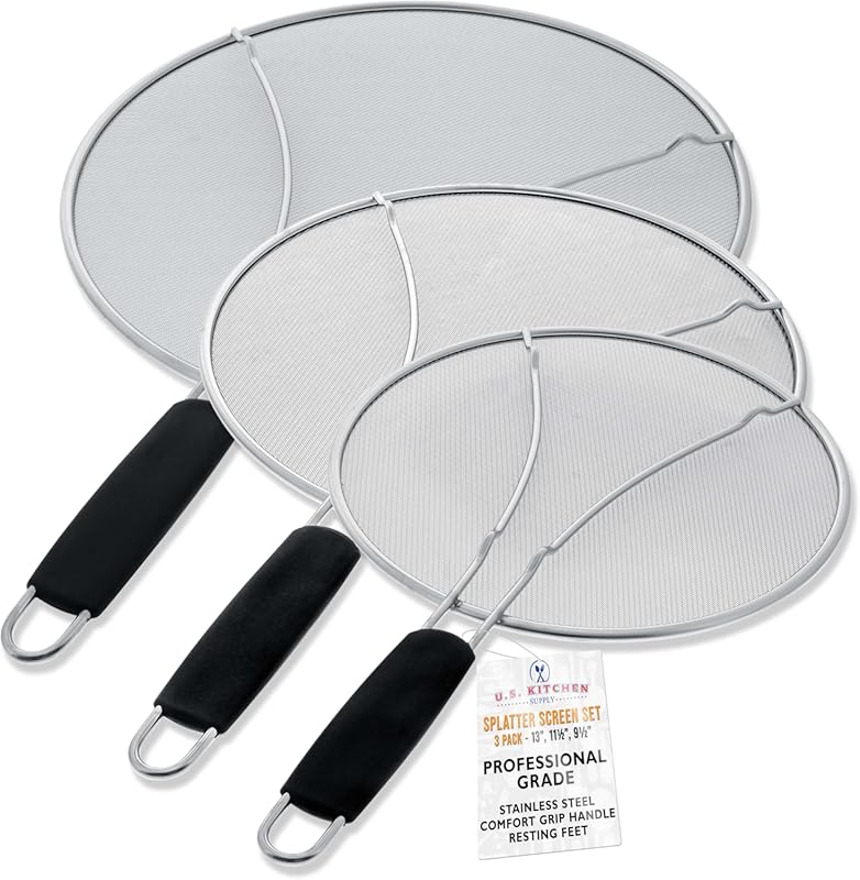 U.S. Kitchen Supply 3-Piece Stainless Steel Splatter Guard Set with Re