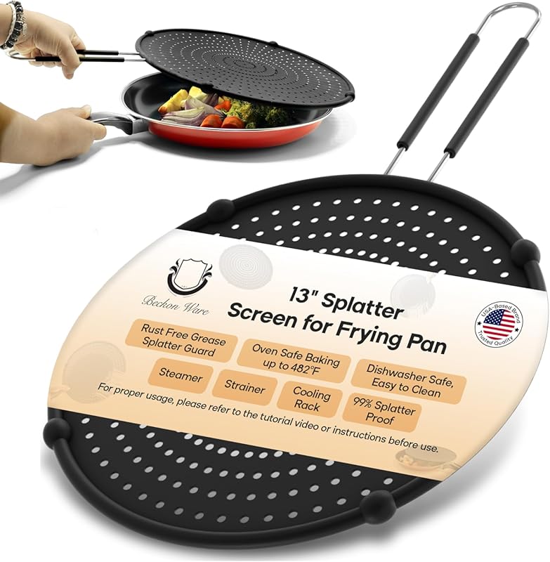 Beckon Ware 13-Inch Black Silicone Splatter Screen for Frying Pans 12-