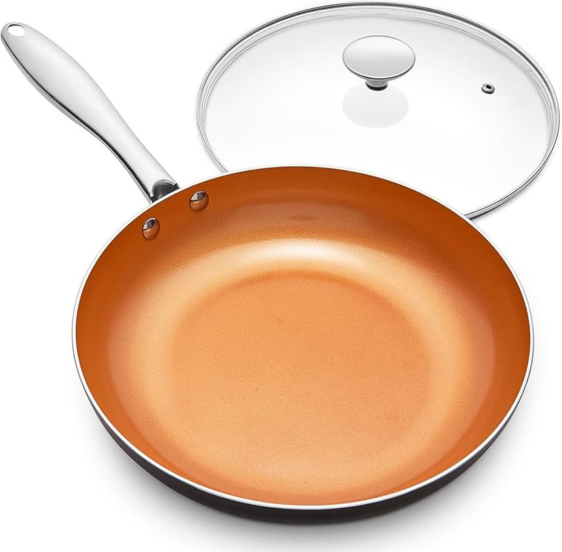 MICHELANGELO 10-Inch Copper Nonstick Frying Pan with Lid, Scratch-Resi