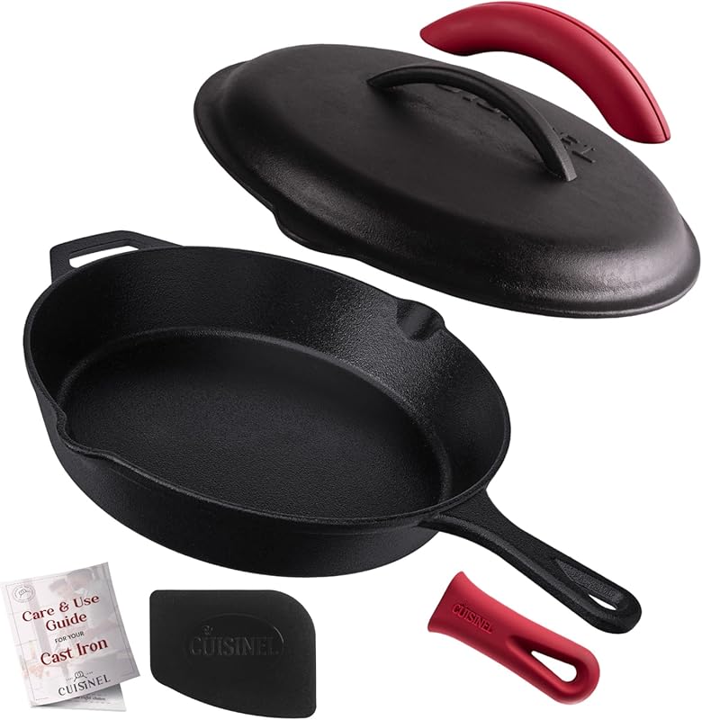 Cuisinel 12" Cast Iron Skillet with Lid, Pre-Seasoned Frying Pan Set w