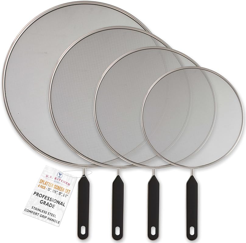 U.S. Kitchen Supply 4-Piece Stainless Steel Splatter Guard Set with Fi
