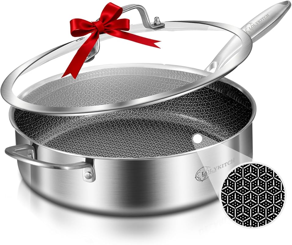 LOLYKITCH 12-Inch 6 QT Hybrid Tri-Ply Stainless Steel Non-Stick Sauté 