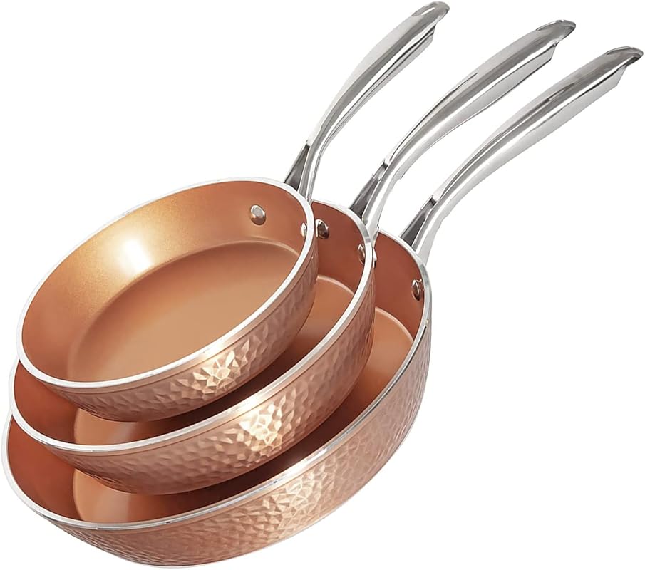 Gotham Steel Hammered 3-Piece Nonstick Copper Frying Pan Set, PFOA Fre