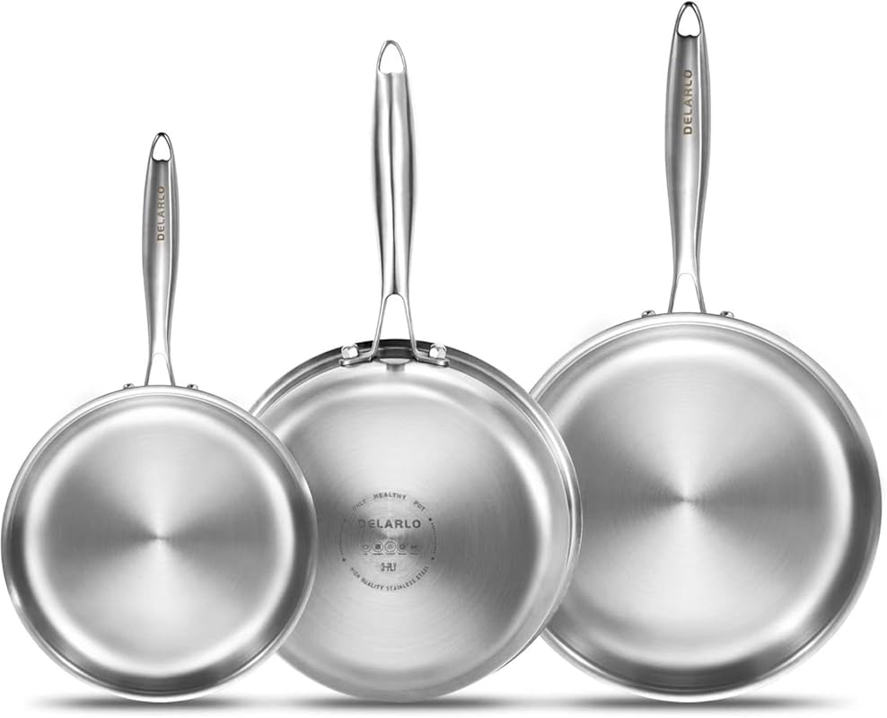 DELARLO Whole Body Tri-Ply Stainless Steel Frying Pan Set 8”/10”/12”, 
