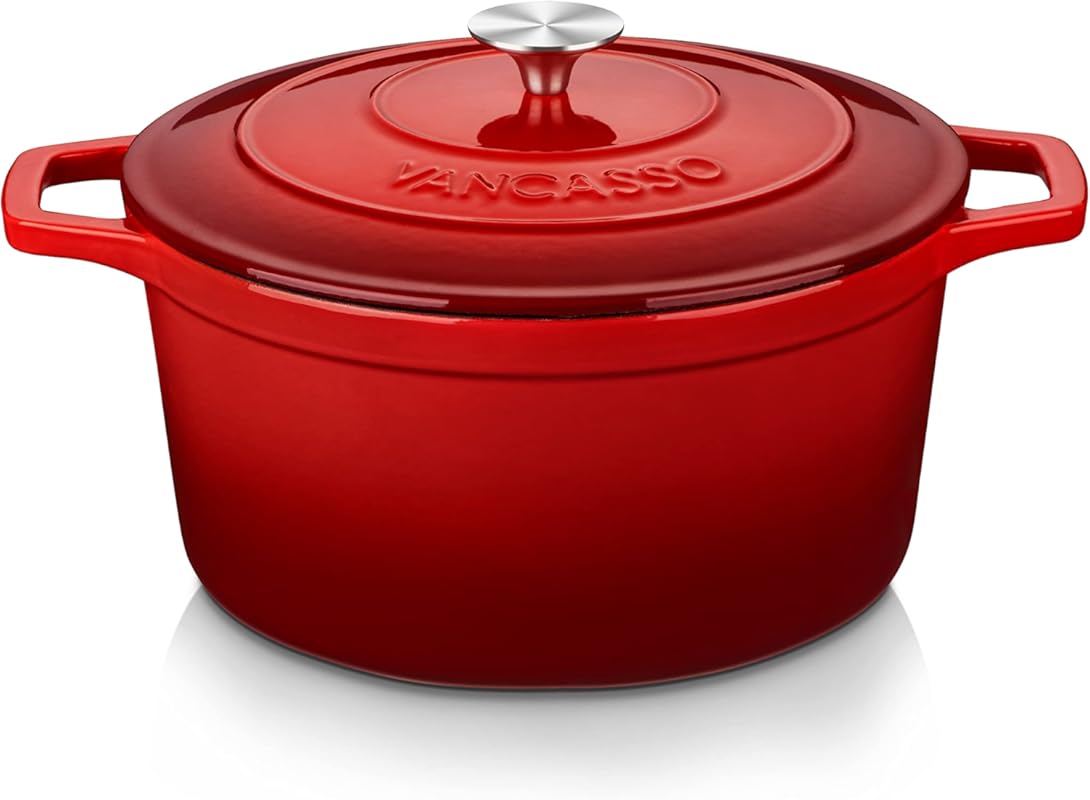 Vancasso 7.5QT Red Enameled Cast Iron Dutch Oven with Lid, Non-Stick E