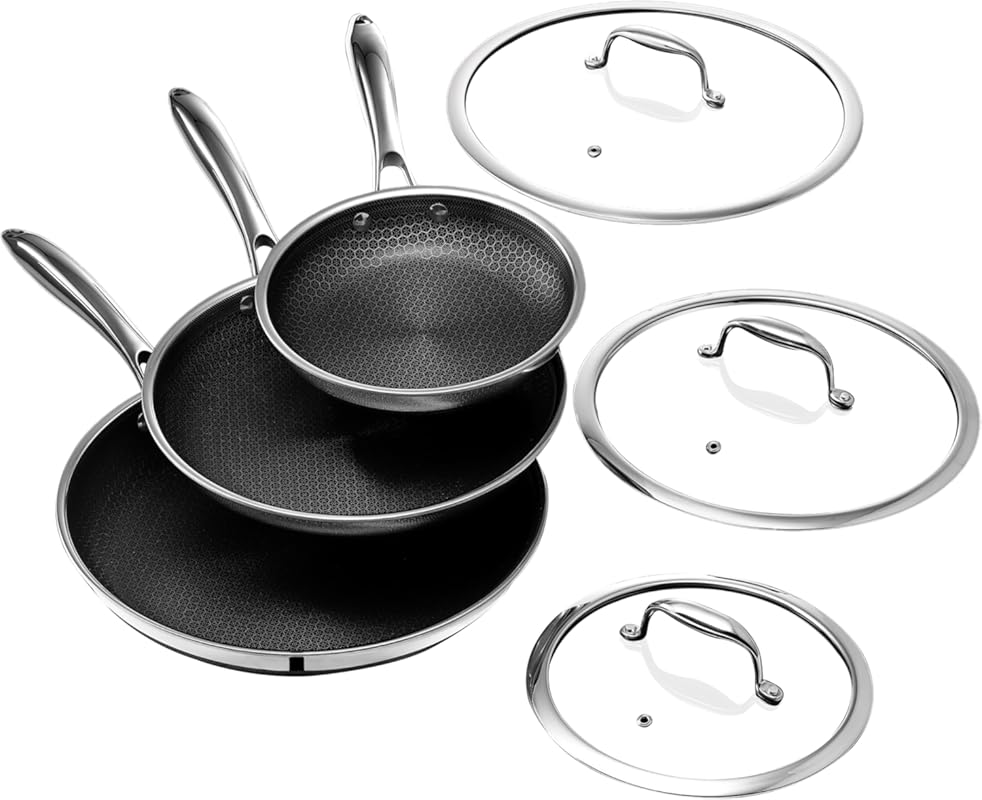 HexClad 6-Piece Hybrid Nonstick Fry Pan Set with Tempered Glass Lids,