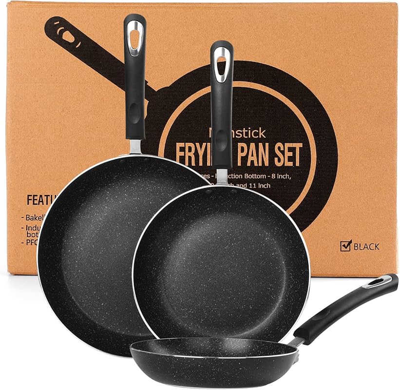 3-Piece Nonstick Frying Pan Set for Induction Cooktops, Includes 8", 9"