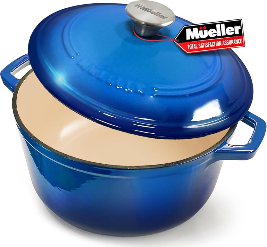 Mueller 6 Quart Aqua Blue Enameled Cast Iron Dutch Oven, Heavy-Duty Ca