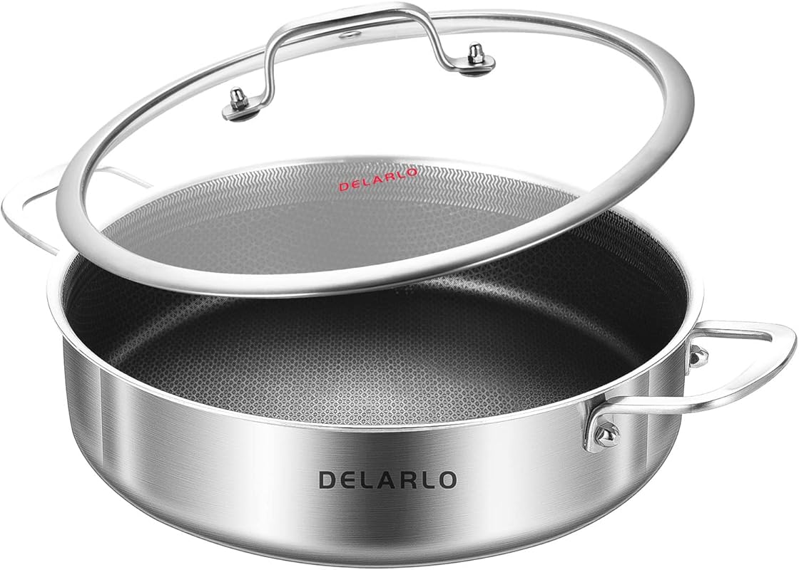 DELARLO 12-Inch Tri-Ply Stainless Steel Frying Pan with Lid, 6 Qt Saut