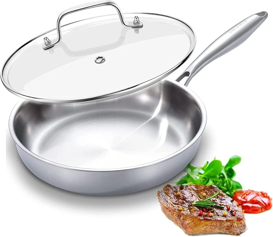 DELARLO 12-Inch Tri-Ply Stainless Steel Frying Pan with Glass Lid, Ove