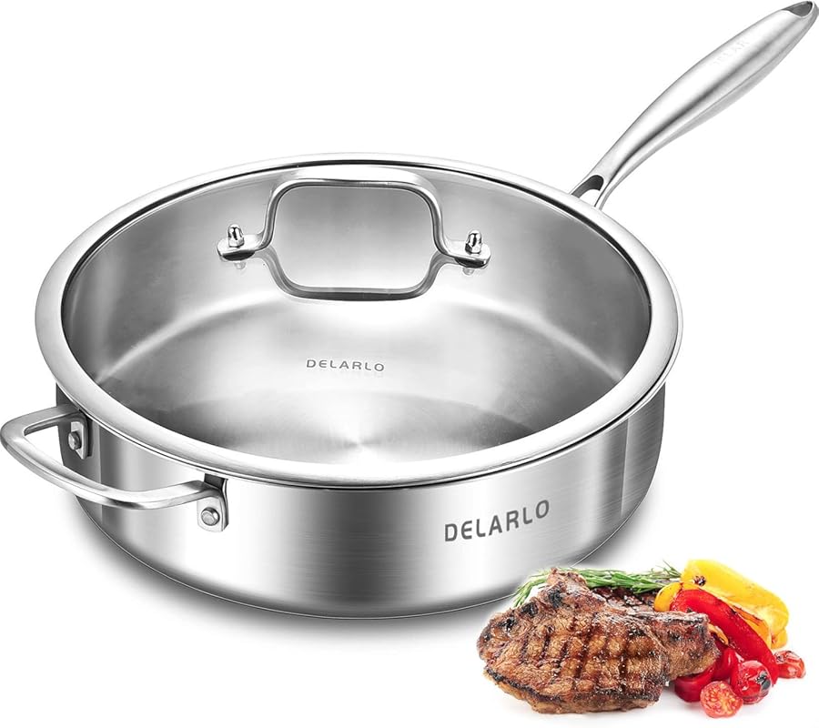 DELARLO 12 Inch 6 QT Tri-Ply Stainless Steel Frying Pan with Lid, Comp