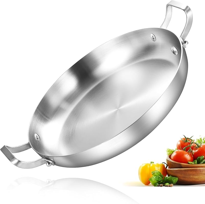 Inqibee 14-Inch Tri-Ply Stainless Steel Paella Pan, Large Jumbo Skille