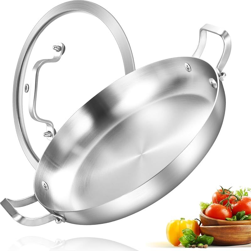Inqibee 14 Inch Tri-Ply Stainless Steel Paella Pan with Lid, Large Ski