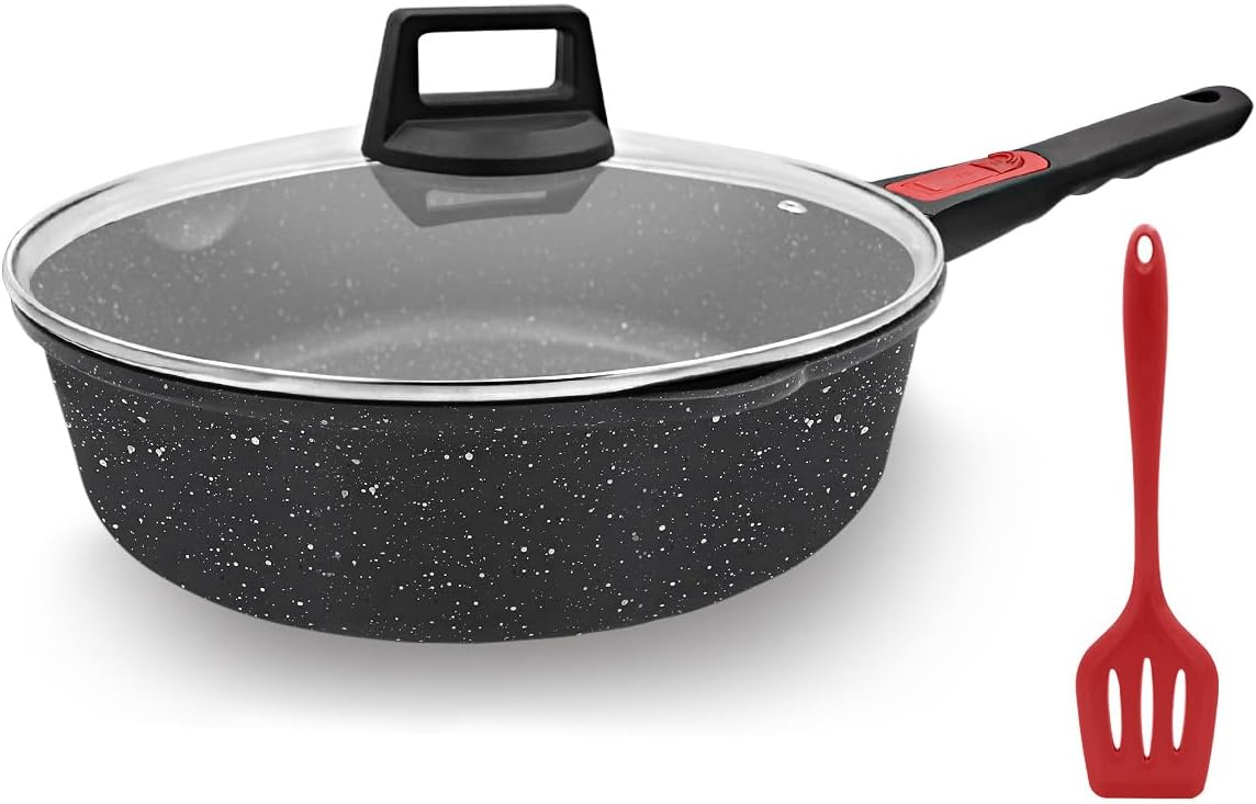 12 Inch Large Deep Nonstick Frying Pan with Lid, 5 Qt Sauté Pan, Detac