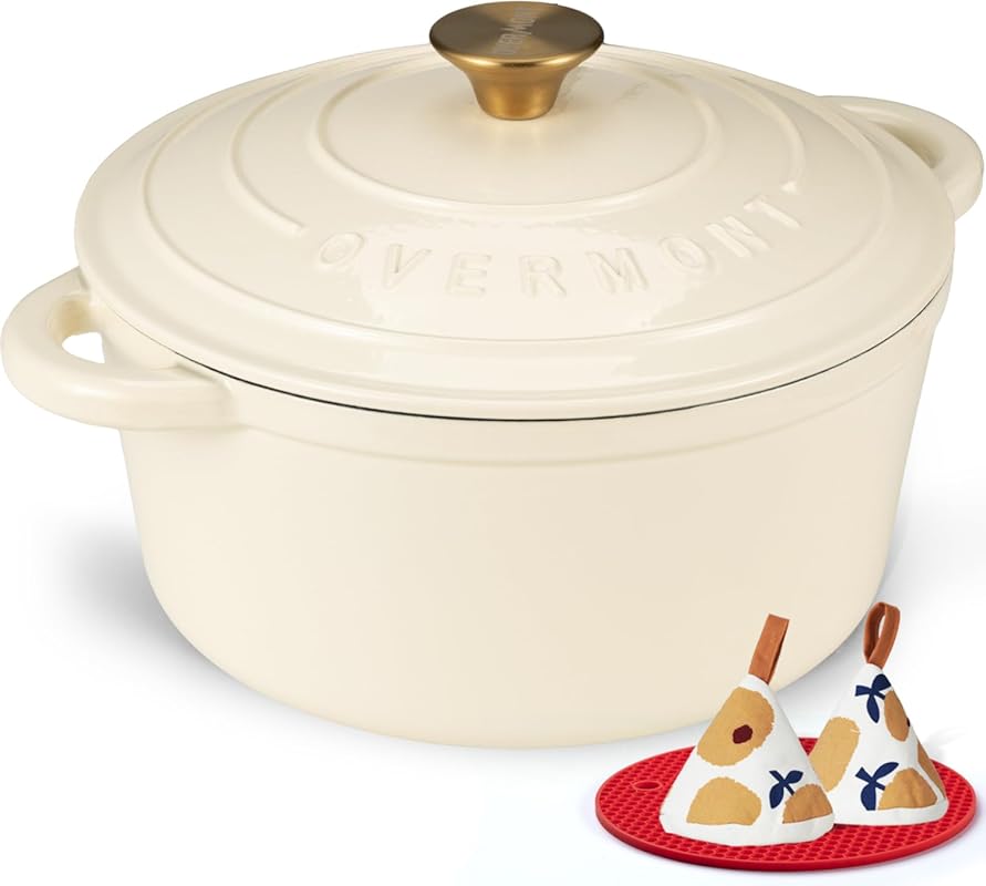 Overmont 5.5 Qt Enameled Cast Iron Dutch Oven with Lid, Cookbook & Pot