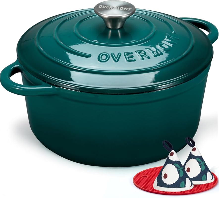 Overmont 5.5QT Enameled Cast Iron Dutch Oven with Lid, Cookbook & Cott