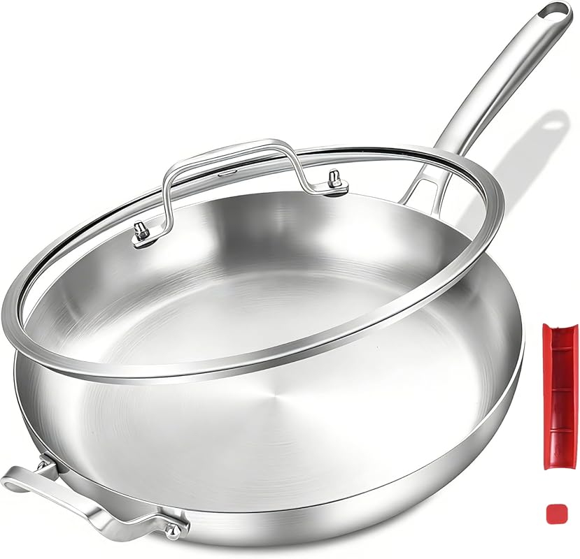 Inqibee 12-Inch Tri-Ply Stainless Steel Frying Pan with Lid, Helper Ha