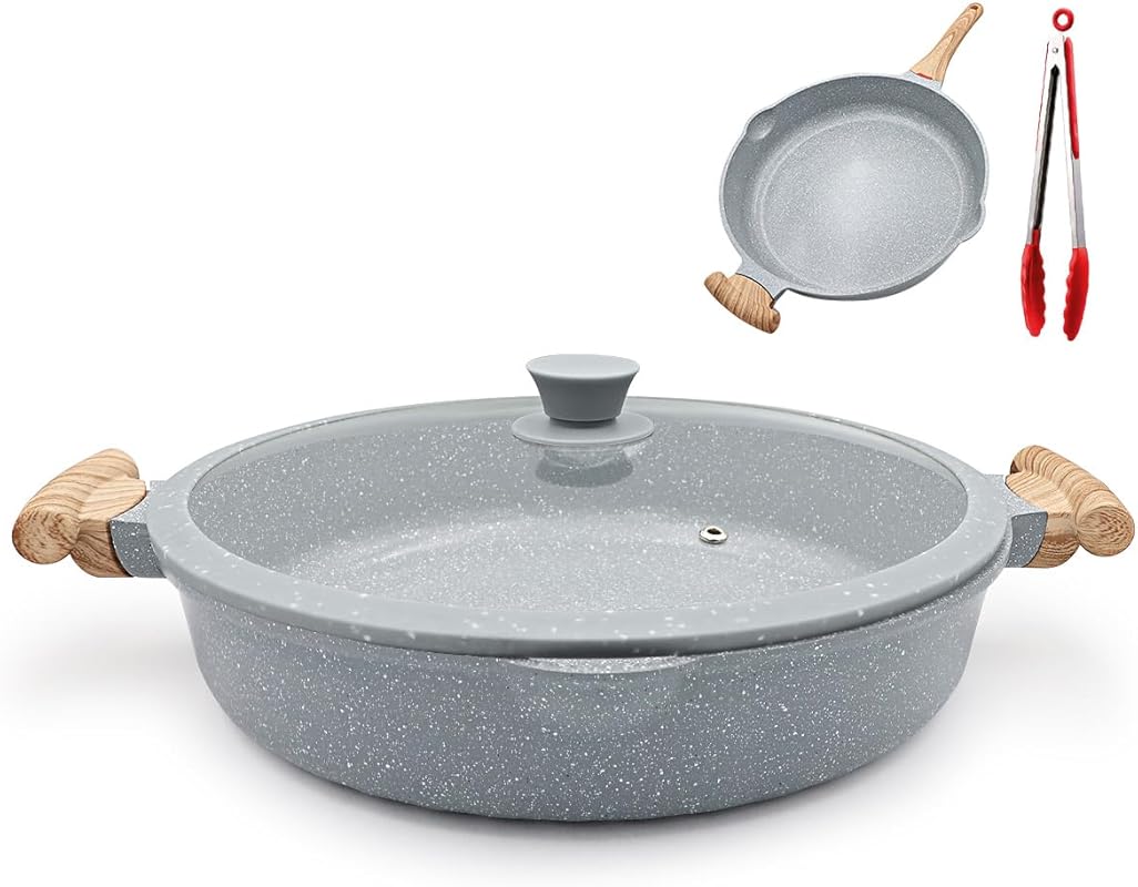 14 Inch Blue Ceramic Nonstick Frying Pan with Lid, 2-in-1 Saute Pan, P