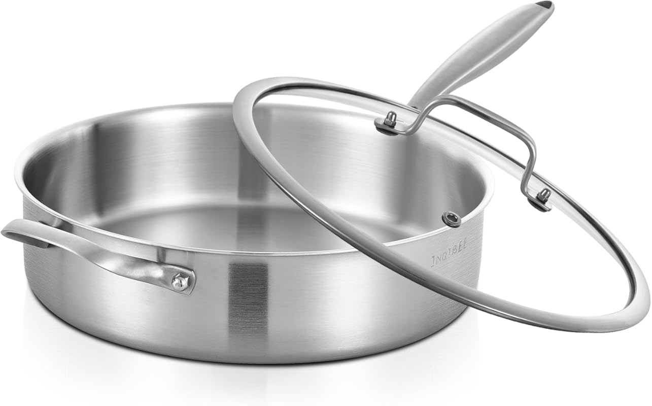 Inqibee 12 Inch 6 QT Tri-Ply Stainless Steel Saute Pan with Lid, Induc