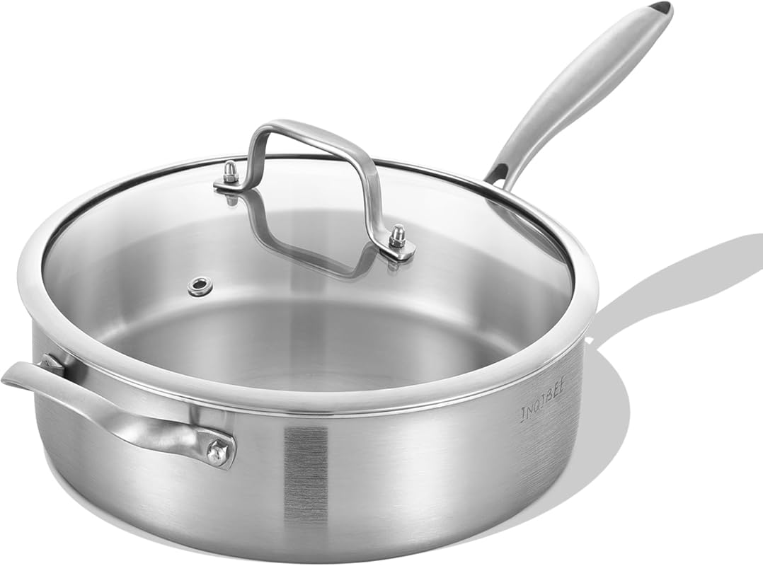 Inqibee 12 Inch 7 QT Tri-Ply Stainless Steel Saute Pan with Lid, Induc