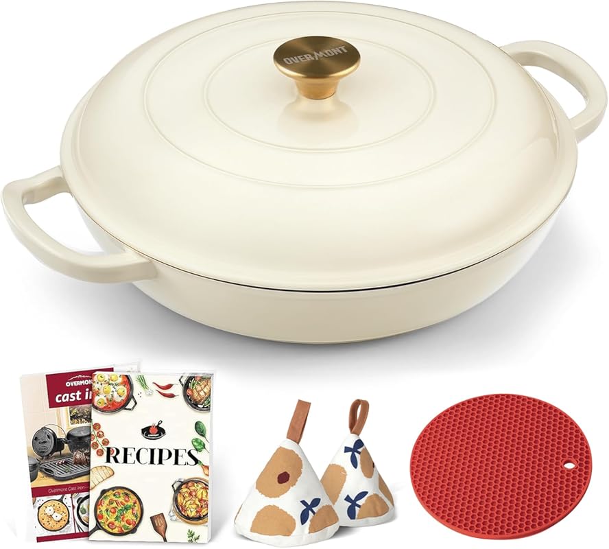 Overmont 3.8 Qt Enameled Cast Iron Dutch Oven with Lid, Shallow Braisi