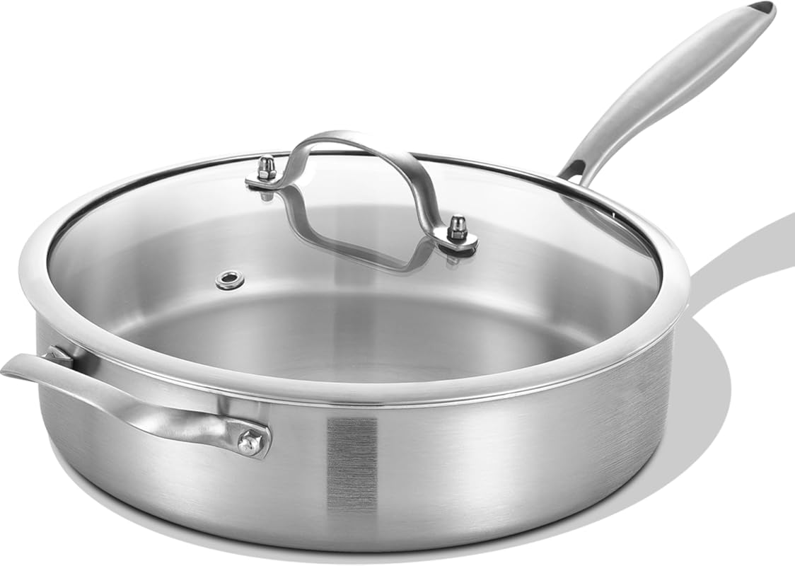 LOLYKITCH 12-Inch 5 Quart Tri-Ply Stainless Steel Sauté Pan with Lid, 