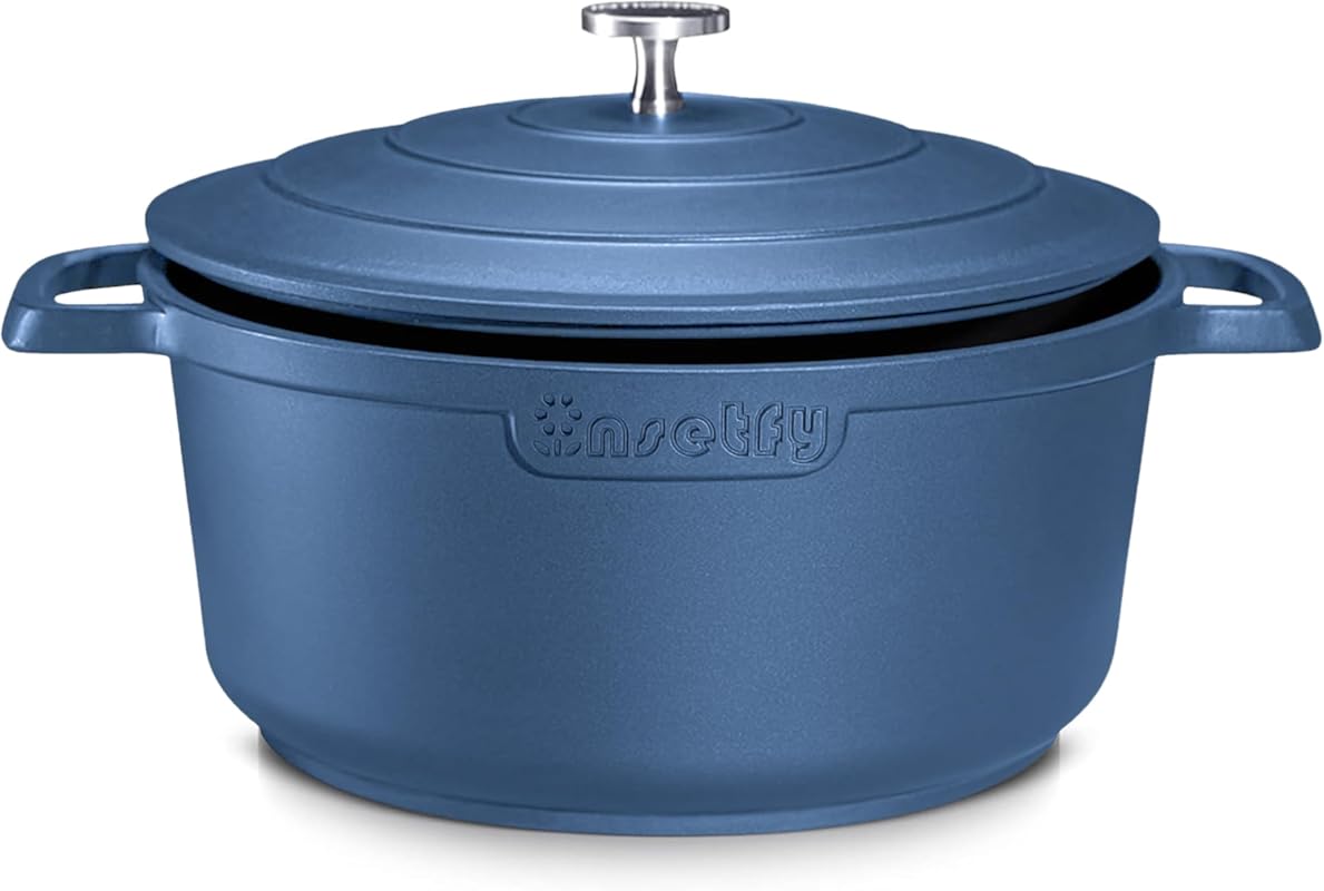 Large 7.5QT Blue Cast Aluminum Dutch Oven with Lid, Lightweight for Ba