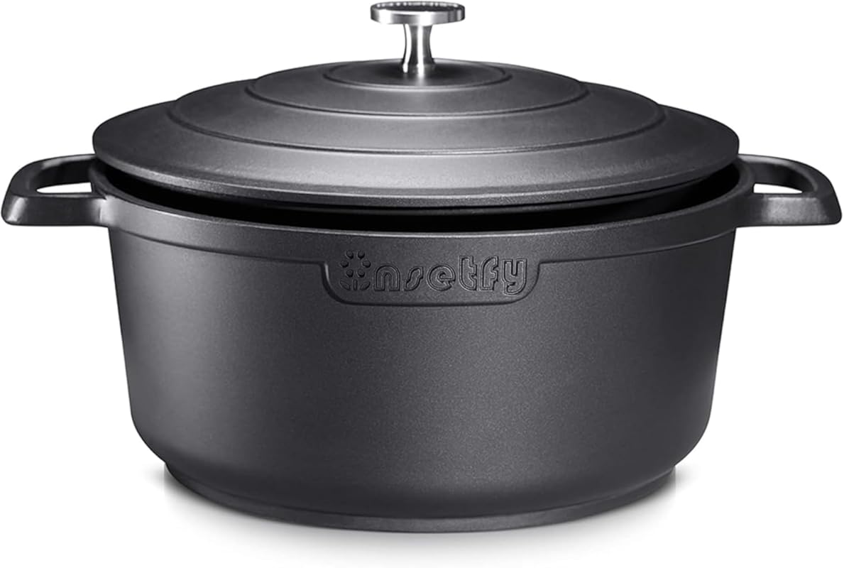 5QT Black Cast Aluminum Nonstick Dutch Oven Pot with Lid, Lightweight,
