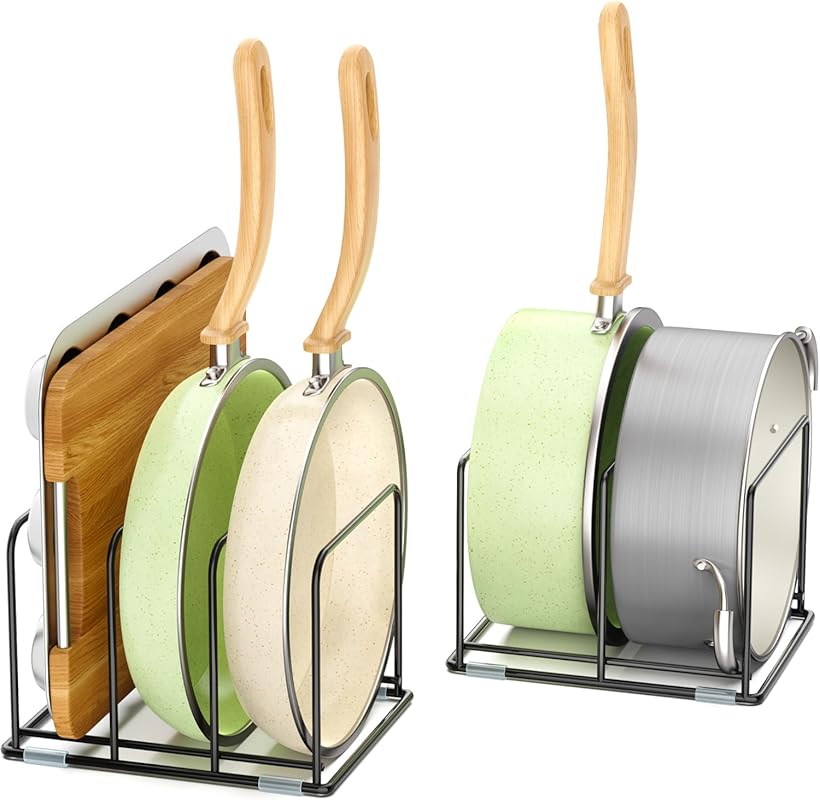 Pan and Pot Organizer Rack with 5 Compartments, Includes Cutting Board