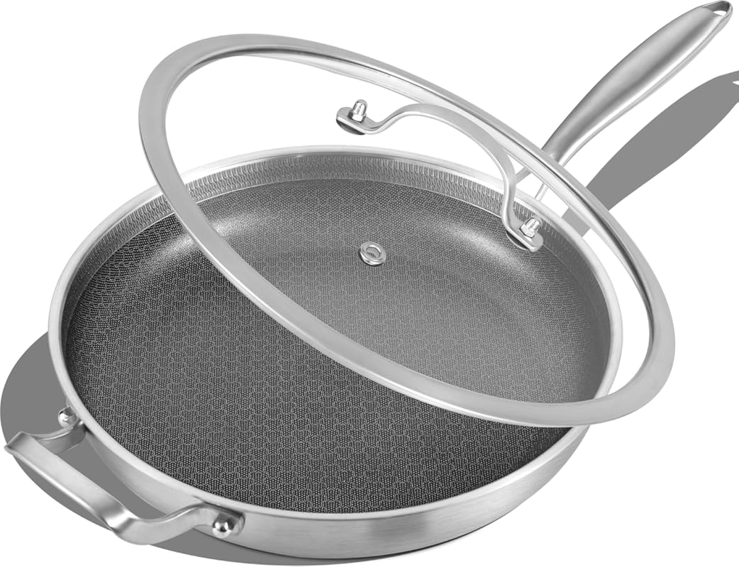 Inqibee 12 Inch Hybrid Nonstick Frying Pan with Lid, Tri-Ply Stainless