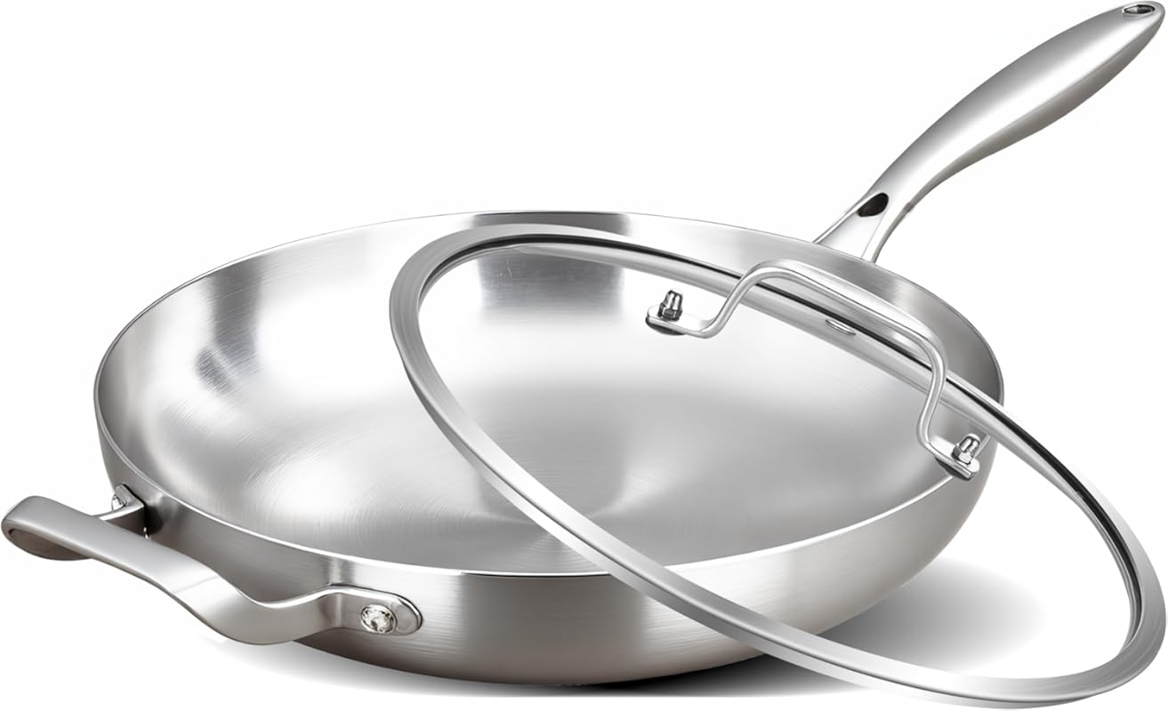 Inqibee 12 Inch Tri-Ply Stainless Steel Frying Pan with Lid, Helper Ha