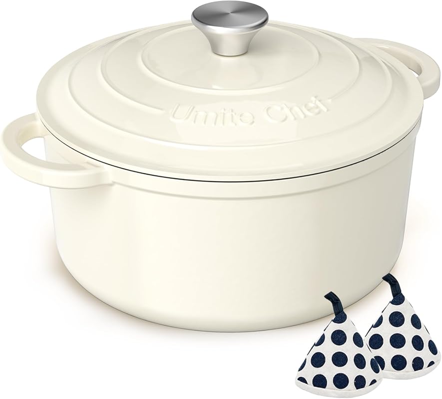 Umite Chef 5 Qt Cream White Enameled Cast Iron Dutch Oven with Lid & P