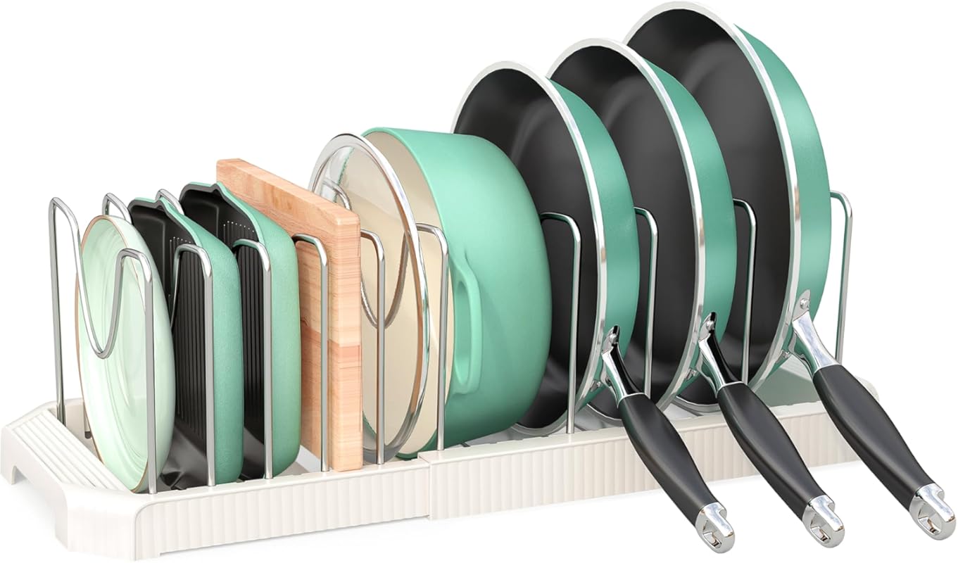 Expandable Pots and Pans Organizer with 10 Adjustable Dividers for Und