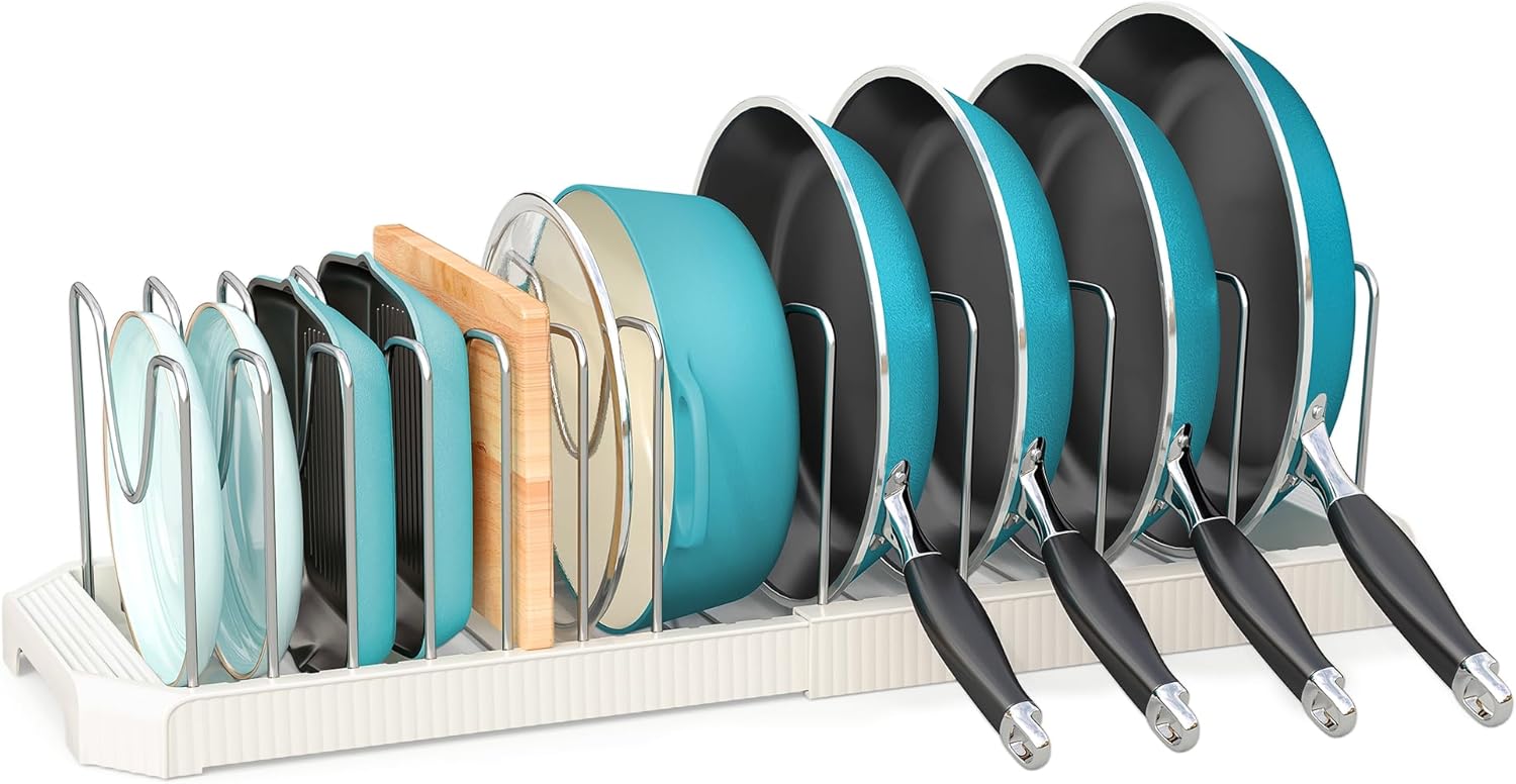Expandable Pots and Pans Organizer with 12 Adjustable Dividers for Und