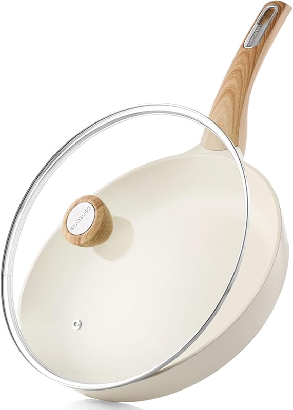 SENSARTE 8 Inch White Ceramic Nonstick Frying Pan with Lid, Induction 