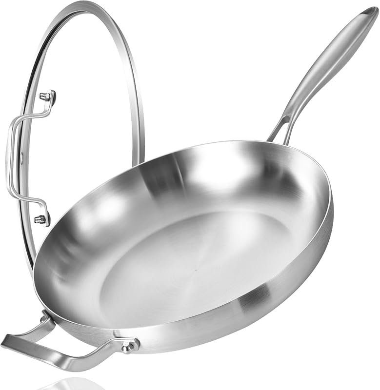 LOLYKITCH 14 Inch Tri-Ply Stainless Steel Frying Pan with Lid, Helper 