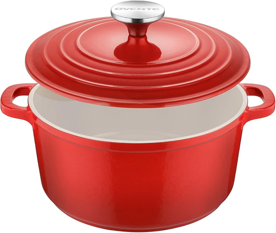 OVENTE 4.6 Quart Red Aluminum Non-Stick Dutch Oven Pot with Lid, Oven 
