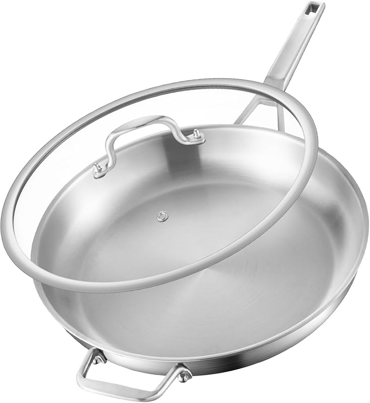 Heavy Duty 14 Inch Stainless Steel Frying Pan, Fast Even Heating, Oven