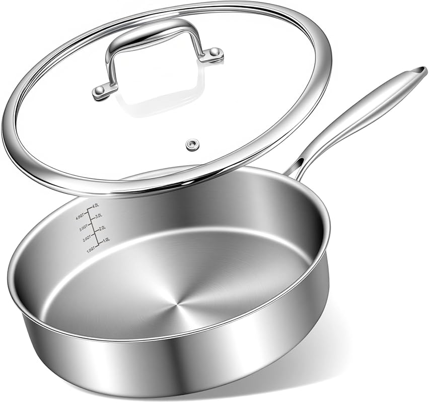 EWFEN 12 Inch Tri-Ply Stainless Steel Saute Pan with Lid, Compatible w