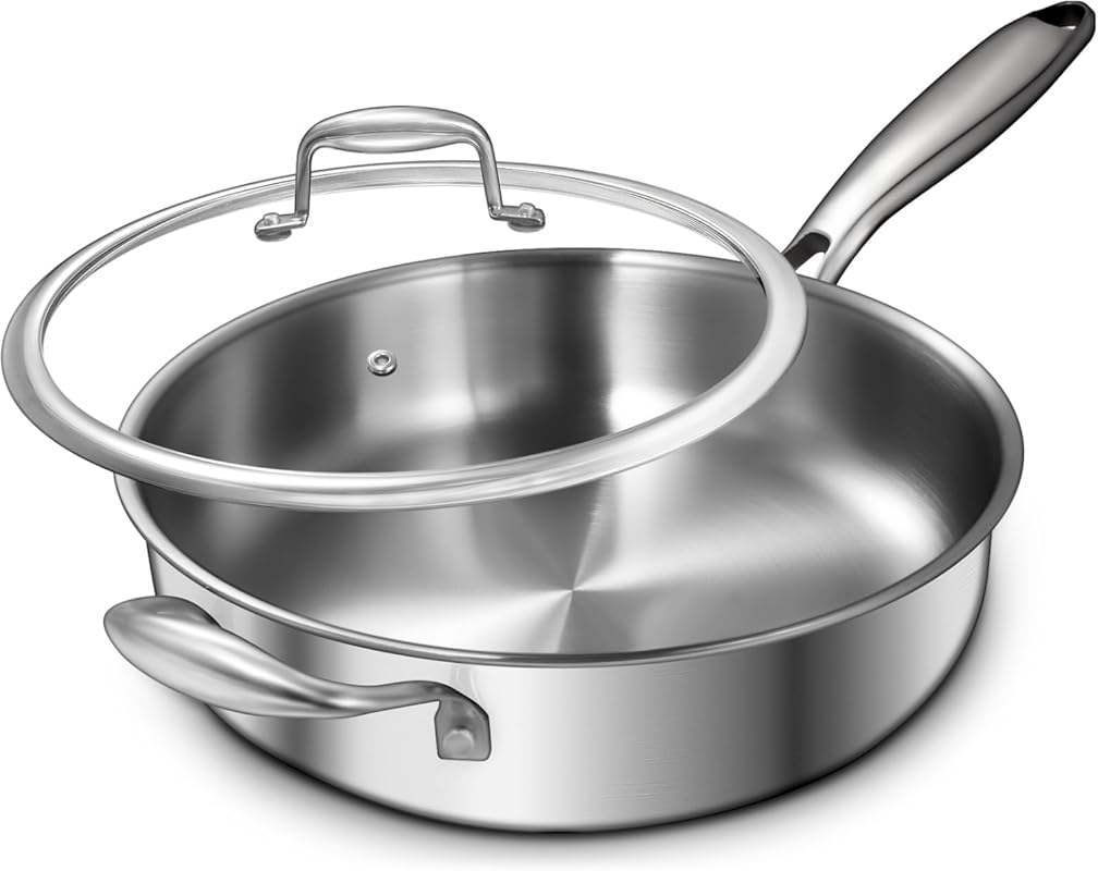EWFEN 12 Inch Tri-Ply Stainless Steel Frying Pan with Lid, Induction R
