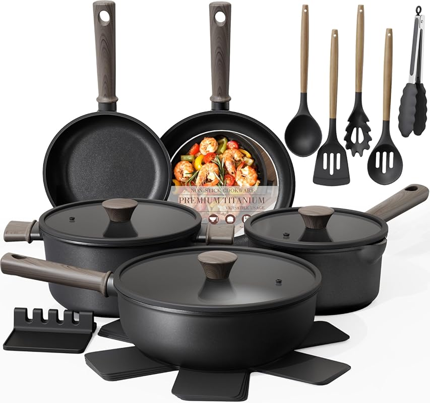 Astercook 19-Piece Non-Toxic Titanium Induction Cookware Set with Fryi