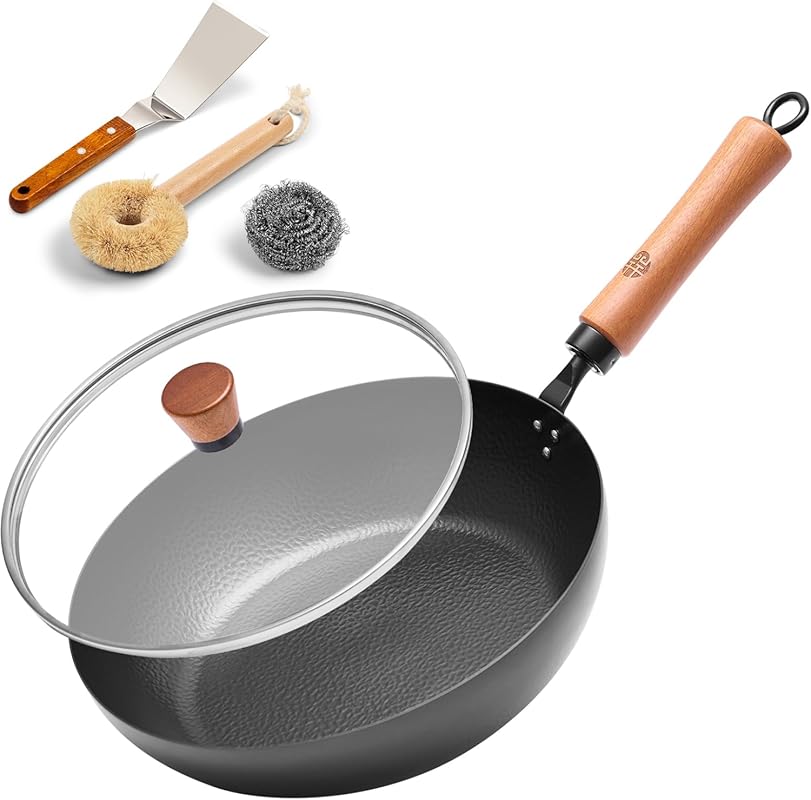 WANGYUANJI 11" Iron Skillet with Glass Lid, Griddle Spatula, Wooden Ha