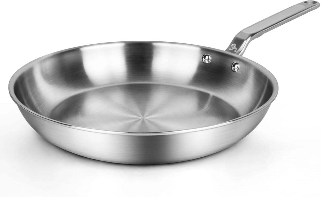 12 Inch 5-Ply Stainless Steel Frying Pan with Aluminum Core, Durable, 
